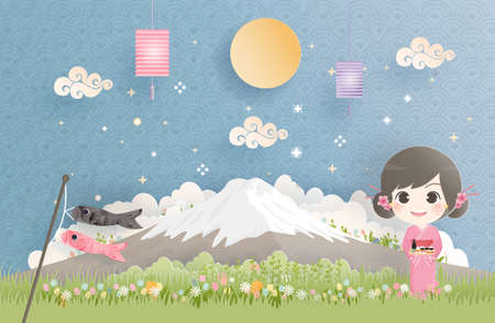 Fuji mountain with Japanese woman in Kimono dress. Japanese landmark vector illustrationのイラスト素材