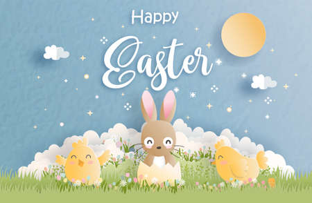 Happy Easter with cute bunny and Ester eggs in paper cut style vector illustration.のイラスト素材