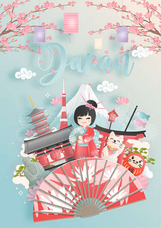 Travel to Japan concept with people in kimono dress. Fuji mountain and famous landmark.のイラスト素材