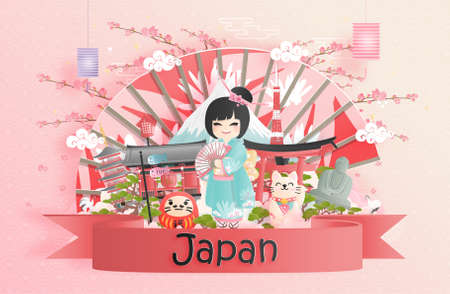 Travel to Japan concept with people in kimono dress. Fuji mountain and famous landmark.のイラスト素材
