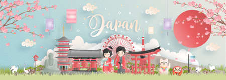 Travel postcard, poster, tour advertising of world famous landmarks of Japan with Fuji mountain and Japanese people in Kimono dress in paper cut style. Vector illustrationのイラスト素材