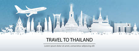Travel advertising with travel to Thailand concept with panorama view of Bangkok city skyline and world famous landmarks in paper cut style vector illustration.のイラスト素材