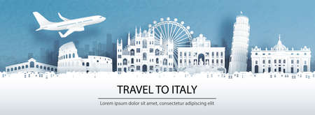 Travel advertising with travel to Italy concept with panorama view of city skyline and world famous landmarks in paper cut style vector illustration.のイラスト素材