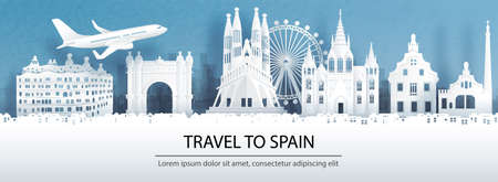 Travel advertising with travel to Spain concept with panorama view of Barcelona city skyline and world famous landmarks in paper cut style vector illustration.のイラスト素材