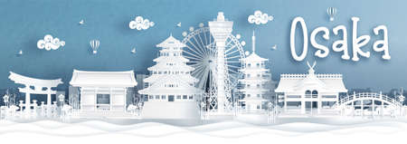 Panorama view of Osaka city skyline with world famous landmarks of Japan in paper cut style vector illustration.のイラスト素材