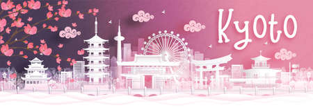 Autumn season with falling Sakura flower and Kyoto, Japan world famous landmarks in paper cut style vector illustrationのイラスト素材