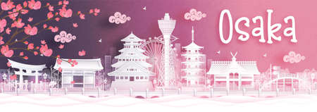 Autumn season with falling Sakura flower and Osaka, Japan world famous landmarks in paper cut style vector illustrationのイラスト素材