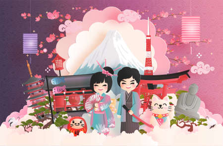 Travel postcard, poster, tour advertising of world famous landmarks of Japan with Fuji mountain and Japanese people in Kimono dress in paper cut style. Vector illustrationのイラスト素材