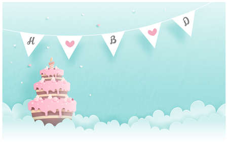 Birthday card in paper cut style vector illustration.のイラスト素材