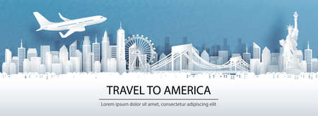 Travel advertising with travel to America concept with panorama view of New York City skyline and world famous landmarks in paper cut style vector illustration.のイラスト素材