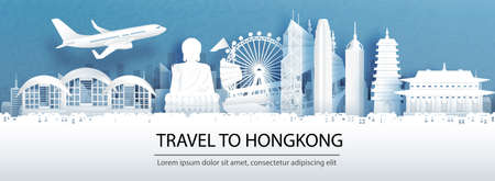 Travel advertising with travel to Hongkong concept with panorama view of city skyline and world famous landmarks in paper cut style vector illustration.のイラスト素材