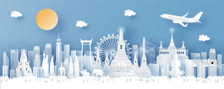 Panorama view of Bangkok, Thailand with temple and city skyline with world famous landmarks in paper cut style vector illustrationのイラスト素材
