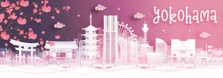 Autumn season with falling Sakura flower and Kyoto, Japan world famous landmarks in paper cut style vector illustrationのイラスト素材