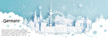 Panorama postcard and travel poster of world famous landmarks of Berlin, Germany in winter season with falling snow in paper cut style vector illustrationのイラスト素材