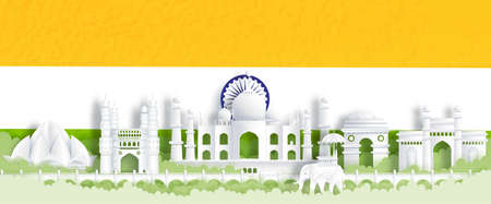 Panorama postcard of world famous landmarks of India with India flag, green and orange in paper cut style vector illustrationのイラスト素材