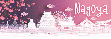 Autumn season with falling Sakura flower and Nagoya, Japan world famous landmarks in paper cut style vector illustrationのイラスト素材