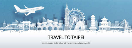 Travel advertising with travel to Taipei concept with panorama view of Taipei city skyline and world famous landmarks in paper cut style vector illustration.のイラスト素材