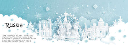 Panorama postcard and travel poster of world famous landmarks of Moscow, Russia in winter season with falling snow in paper cut style vector illustrationのイラスト素材