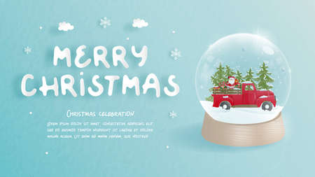 Christmas celebrations with cute car and snow globe for Christmas card in paper cut style. Vector illustrationのイラスト素材
