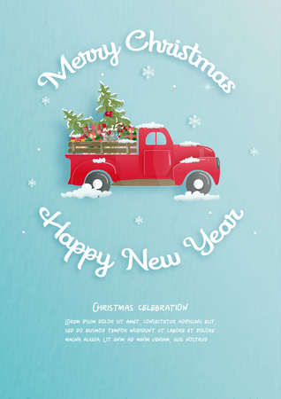 Christmas celebrations with cute car with gift boxes for Christmas card in paper cut style. Vector illustrationのイラスト素材