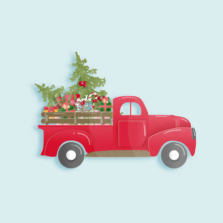 Christmas celebrations with cute car with gift boxes for Christmas card in paper cut style. Vector illustrationのイラスト素材