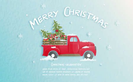 Christmas celebrations with cute car with gift boxes for Christmas card in paper cut style. Vector illustrationのイラスト素材