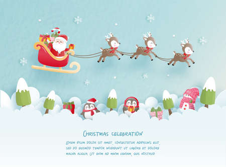 Christmas celebrations with cute Santa and reindeer for Christmas cardのイラスト素材