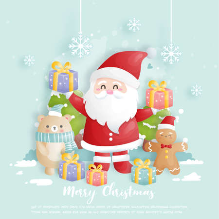 Christmas card, celebrations with Santa and friendsのイラスト素材