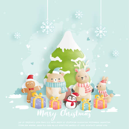Christmas card, celebrations with bear, rabbit and reindeer in a snow forestのイラスト素材