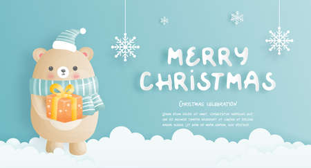 Christmas card, celebrations with cute bear holding a gift box and Christmas sceneのイラスト素材