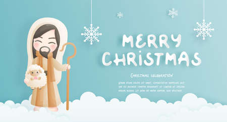 Christmas card, celebrations with Jesus Christ and his sheepのイラスト素材