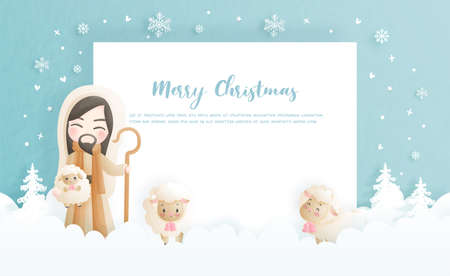 Christmas card, celebrations with Jesus Christ and his sheepのイラスト素材