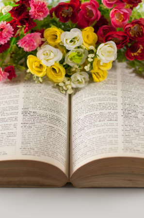 book and flowers isolated on whiteの写真素材