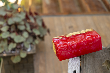 casting epoxy resin Stabilizing Afzelia burl exotic wood red yellow background, Abstract art picture photo, print design and your advertisement, hybridの写真素材