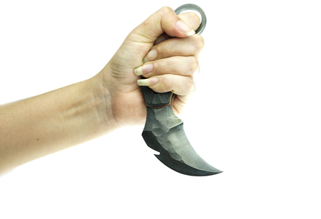 karambit knife in lady hand tactical fighter on white background, self defense Martial Arts Fighting