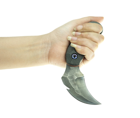 karambit knife in lady hand tactical fighter on white background, self defense Martial Arts Fighting