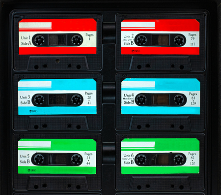 Vintage compact cassette tape, Close up set of old audio tapesの写真素材