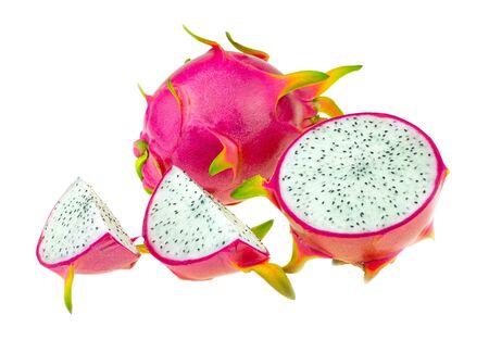 Beautiful pink dragon fruit or pitaya isolated at white backgroundの写真素材