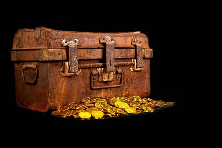 Stacking Gold Coin in treasure chest  on black background