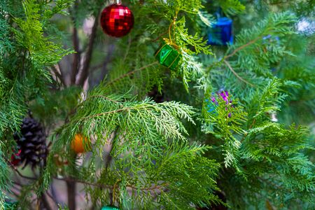 Pine tree and decoration doll with gift boxes at blurred  background, Merry Christmas and Happy new...