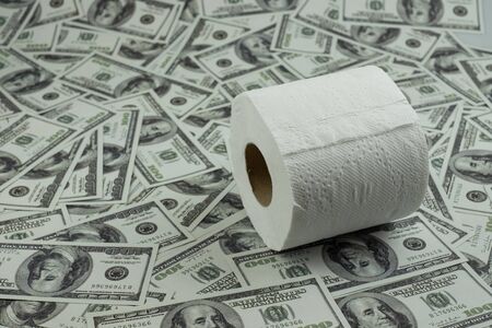 Toilet paper tissue and money of stack 100 US dollars banknote a lot of texture background, That was It costs expensive price and high priced products conceptの写真素材