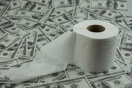 Toilet paper tissue and money of stack 100 US dollars banknote a lot of texture background, That was It costs expensive price and high priced products conceptの写真素材