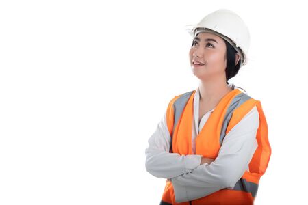 Portrait beautiful young Asia woman civil engineer looking forward and thinking of a white...