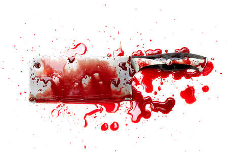 Meat cleaver knife bloody and drop blood on white backgroundの写真素材