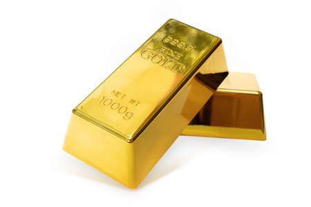 Closeup shiny 2 gold bar 1 kg on white background