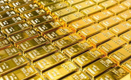 Close-up view of stack shiny gold bar arrangement in a row, Concept of success in business and...
