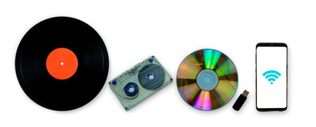 Collection of old and modern retro musical equipment technology , Gramophone record audiocassette...