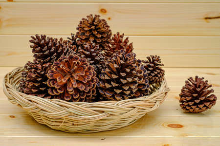 Dry pine cone placed in a tray on the wood tableの写真素材