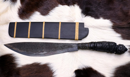 Amulet knife of Native Thailand knife with ebony wood sheath is handmade in Thailand for protection luckilyの写真素材