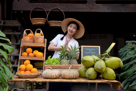 Indigenous Asian women raise their hands pay respect to greet tourists with a natural assortment of fruits to welcome tourists to the farm stay. Homestay in Thailand Loeiの写真素材